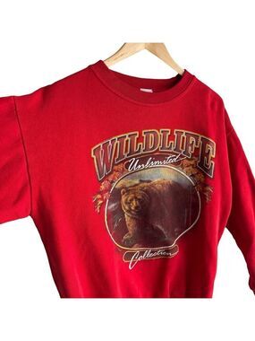 Vintage 90s Wildlife Sweatshirt Sz S/M Red Brown Grizzly Bear Outdoor Graphic